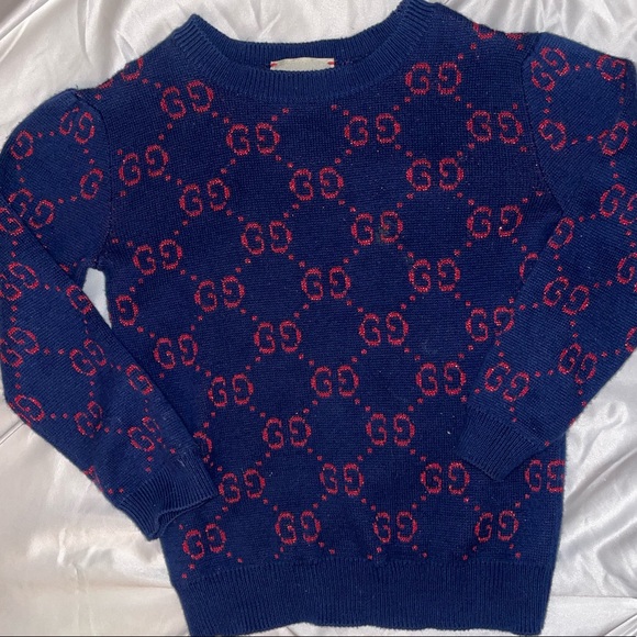 GUCCI GG Print Wool Sweater Boys Girls 3T 4T Navy Red - Picture 3 of 6